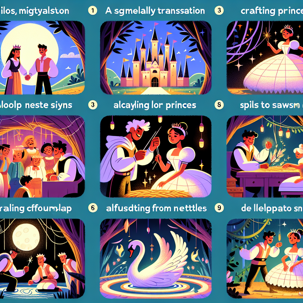 Colorful cartoon storyboard showing 8 key scenes from The Six Swans