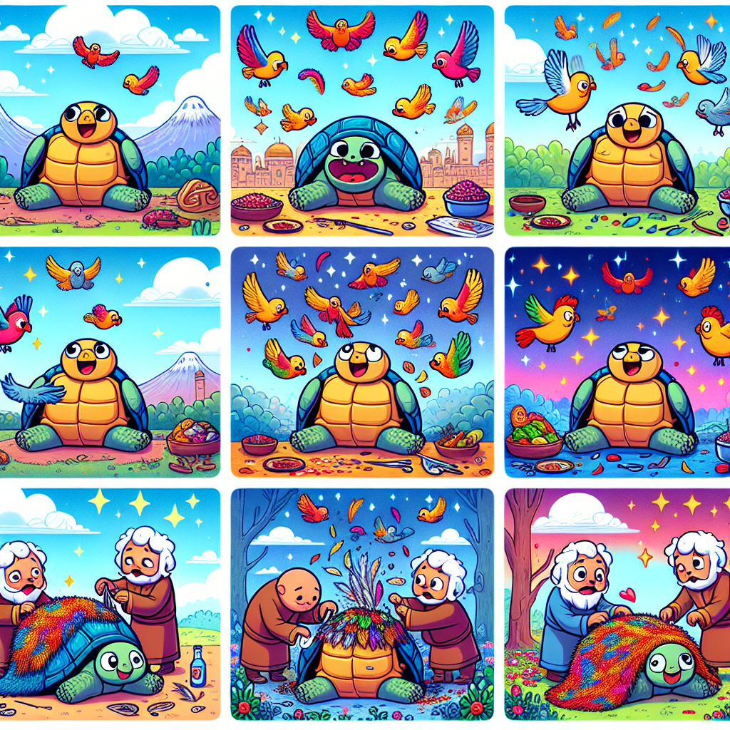 Colorful cartoon storyboard showing 8 key scenes from The Tortoise and the Birds