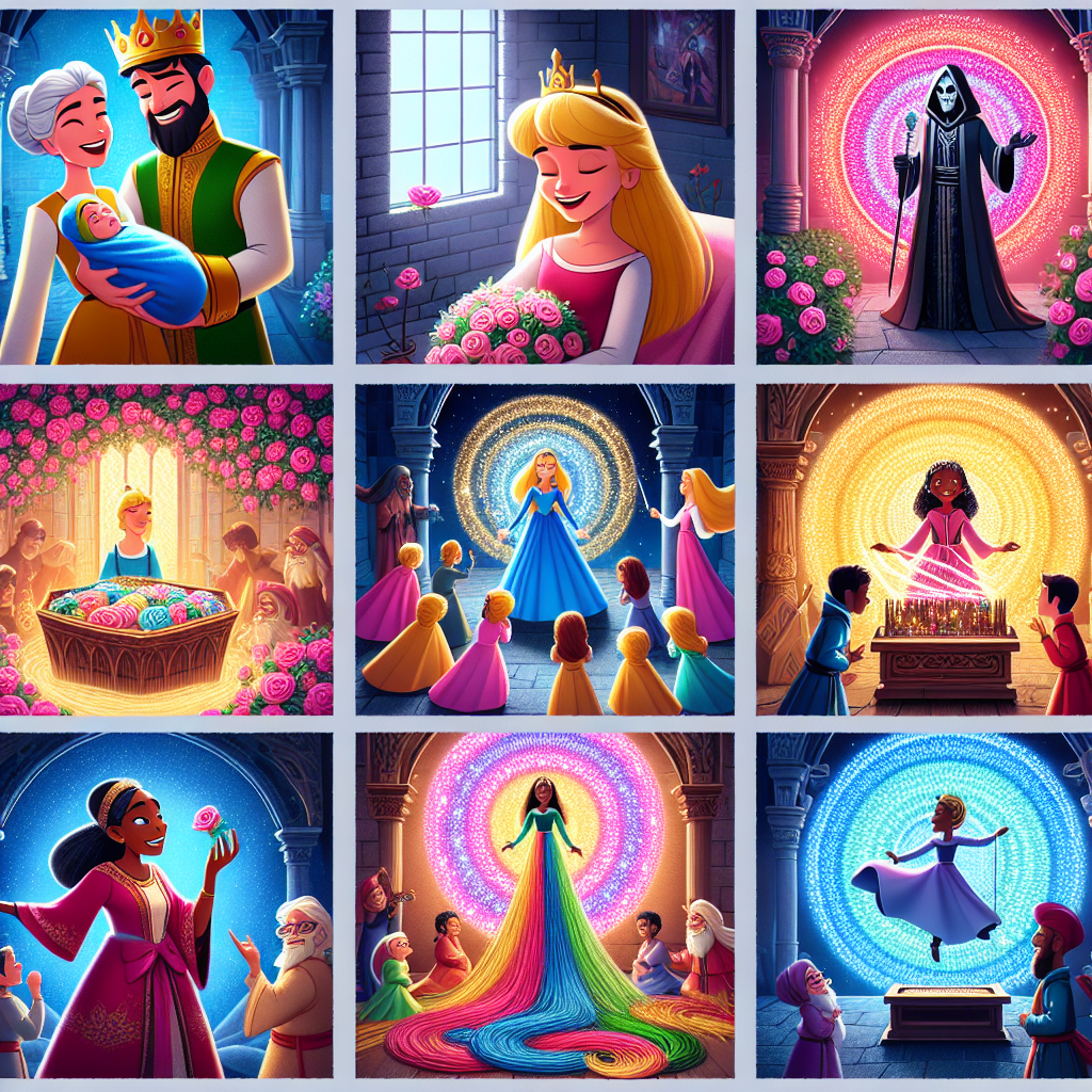 Colorful cartoon storyboard showing 8 key scenes from Sleeping Beauty