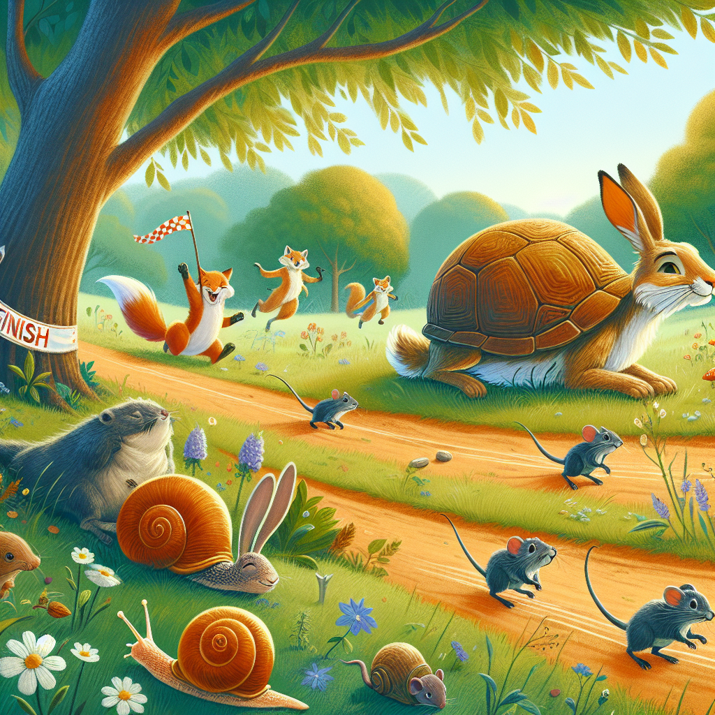 Colorful children's illustration for the story: The Tortoise and the Hare