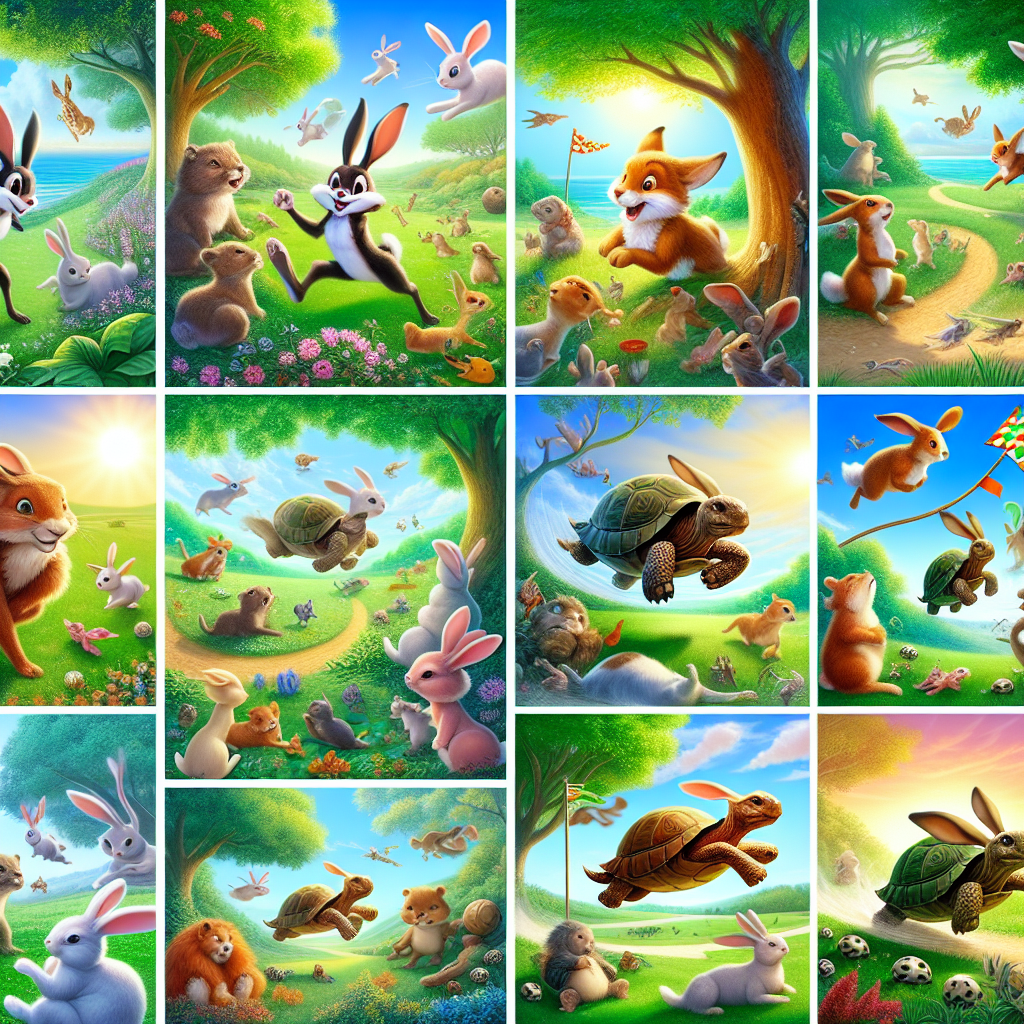 Colorful cartoon storyboard showing 8 key scenes from The Tortoise and the Hare