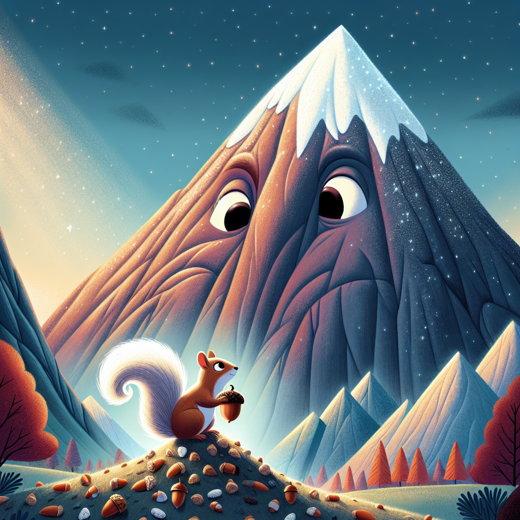 Colorful children's illustration for the story: The Tiny Squirrel and the Mighty Mountain