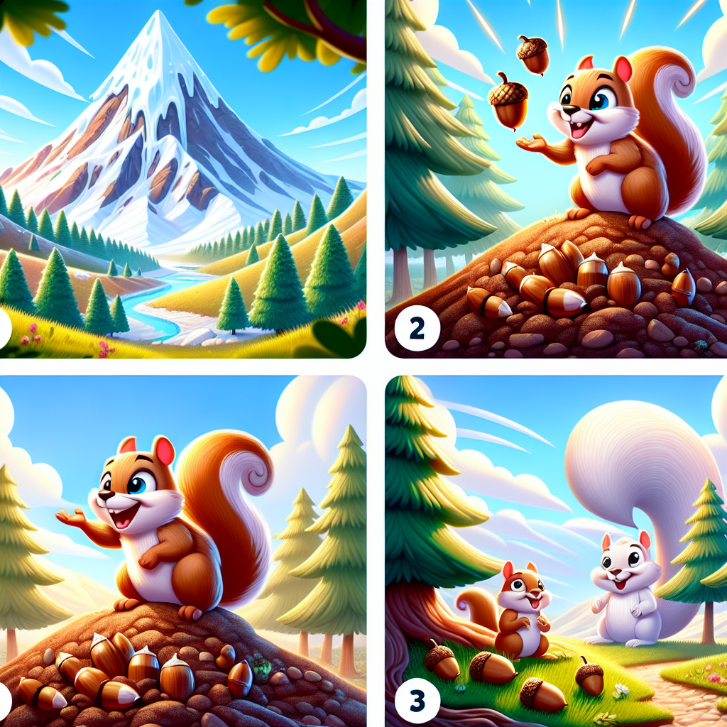 Colorful cartoon storyboard showing 8 key scenes from The Tiny Squirrel and the Mighty Mountain