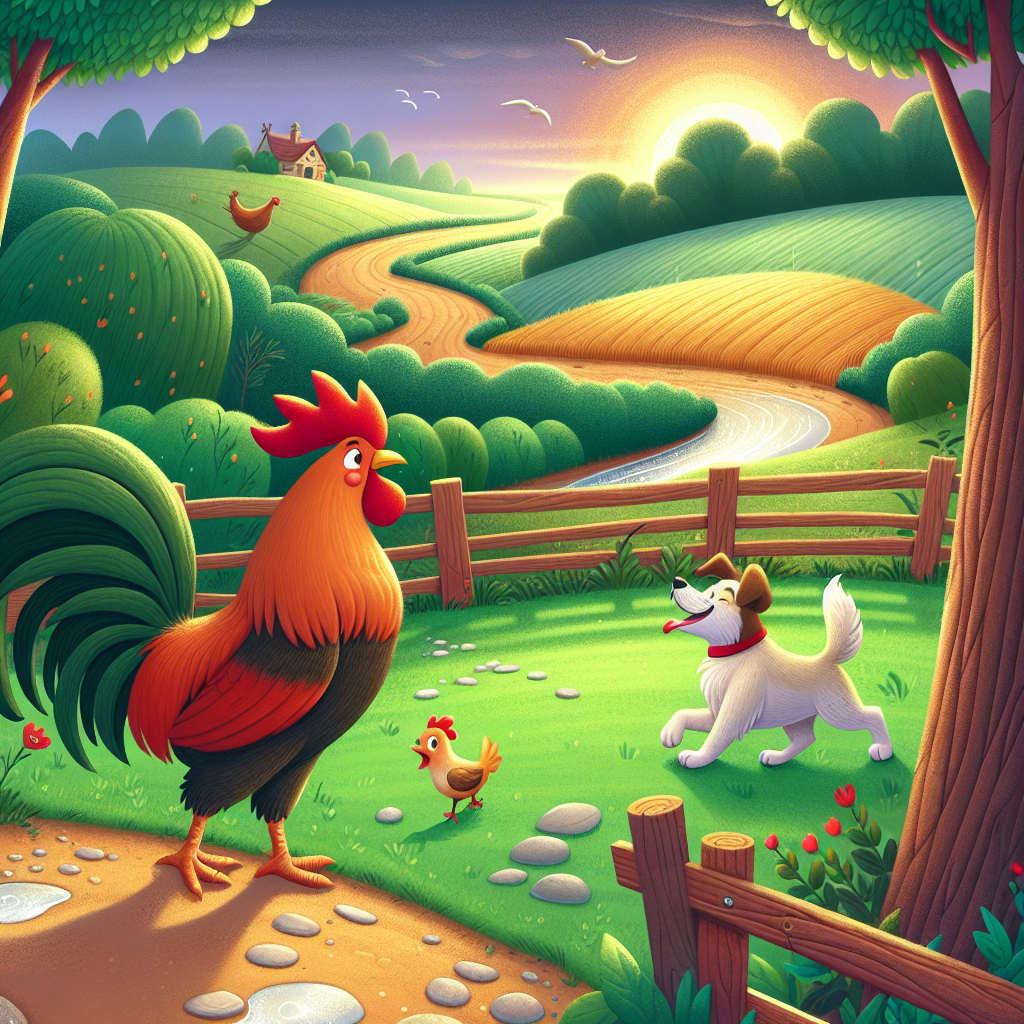 Colorful children's illustration for the story: The Fox and the Rooster