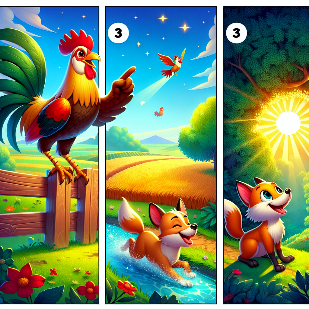 Colorful cartoon storyboard showing 8 key scenes from The Fox and the Rooster