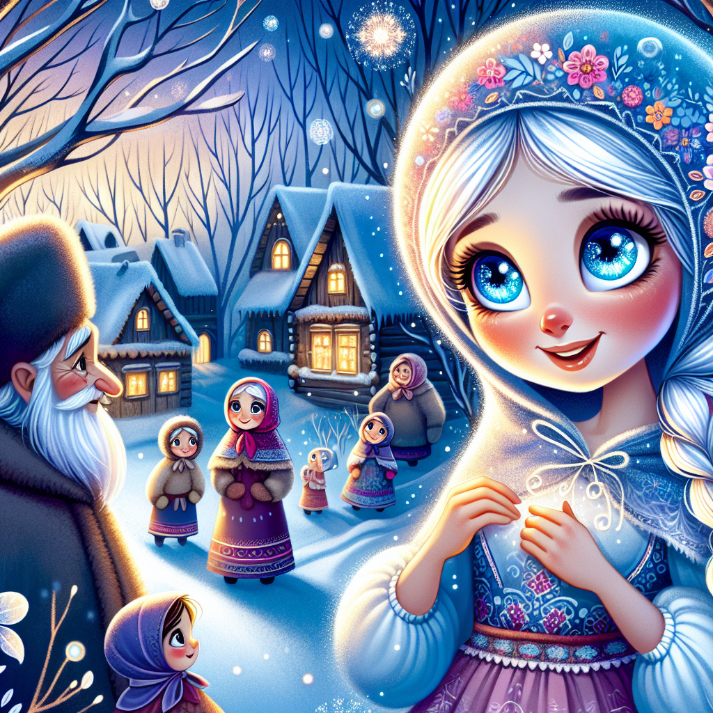 Colorful children's illustration for the story: The Snow Maiden