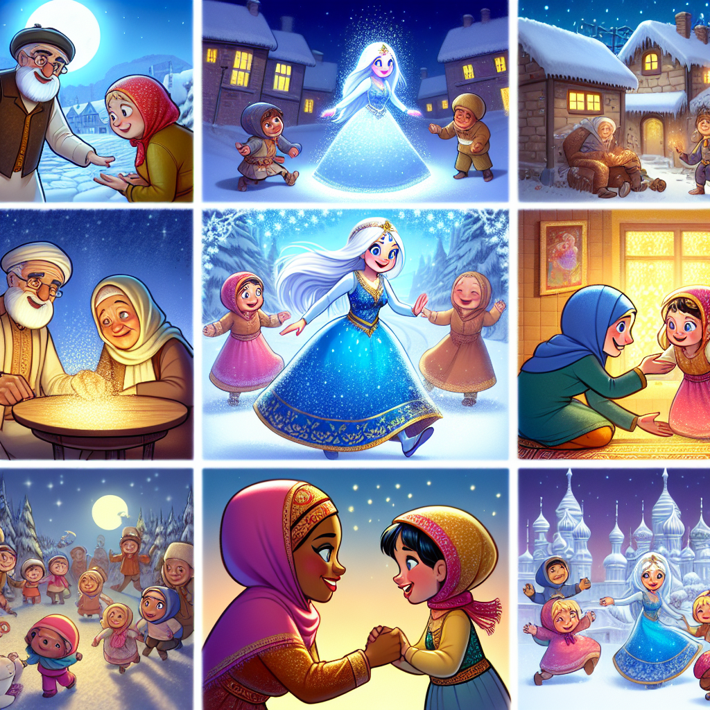 Colorful cartoon storyboard showing 8 key scenes from The Snow Maiden