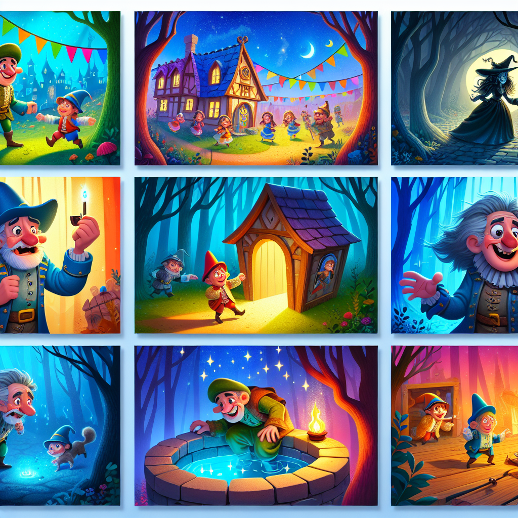 Colorful cartoon storyboard showing 8 key scenes from The Blue Light