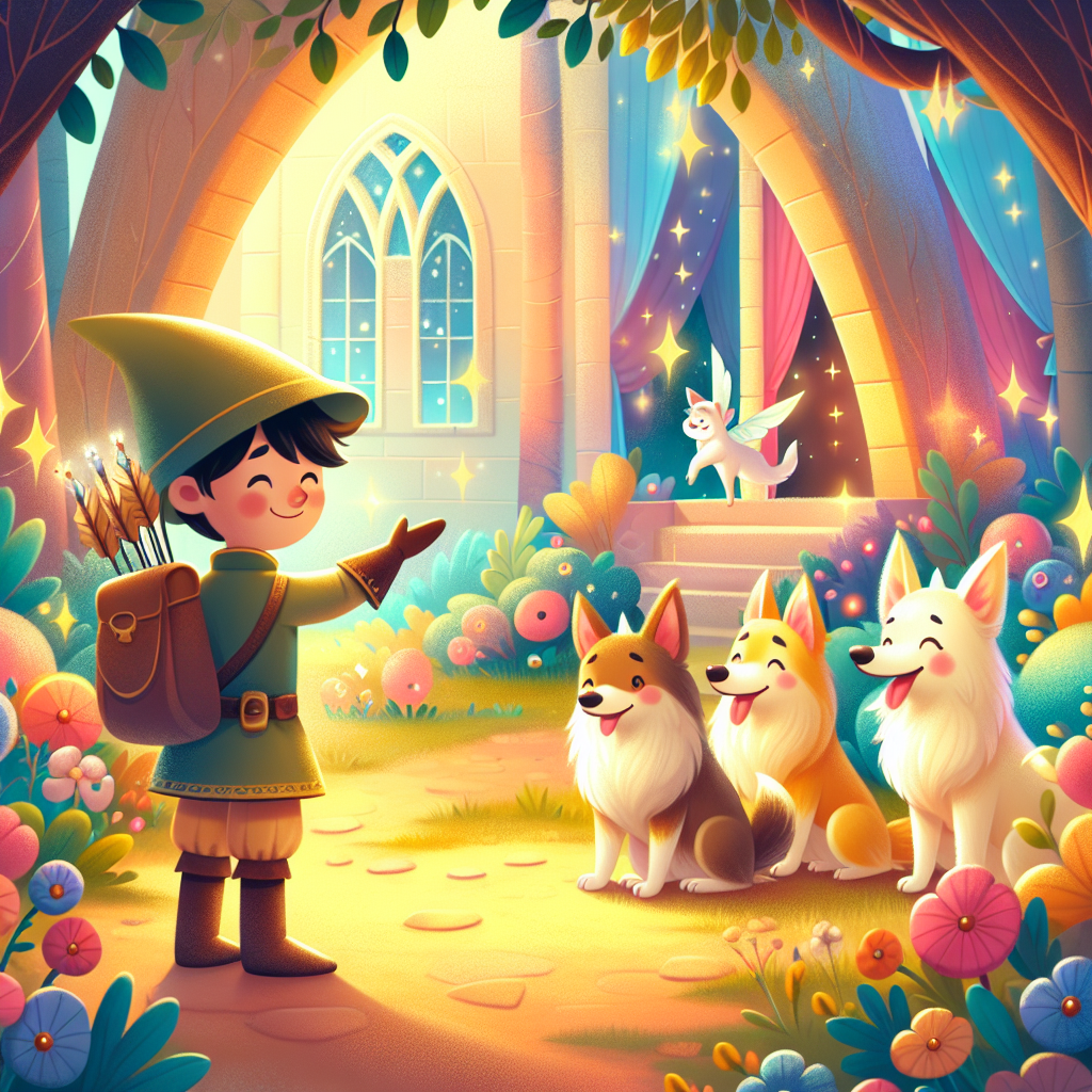 Colorful children's illustration for the story: The Soldier and the Three Magic Dogs