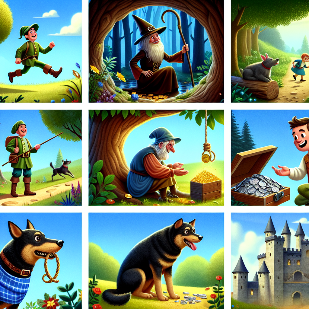 Colorful cartoon storyboard showing 8 key scenes from The Soldier and the Three Magic Dogs