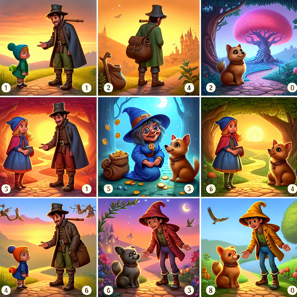 Colorful cartoon storyboard showing 8 key scenes from The Three Little Wishes