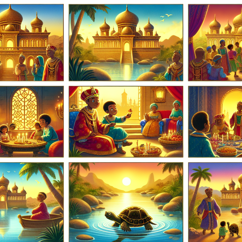 Colorful cartoon storyboard showing 8 key scenes from The King's Turtle Song