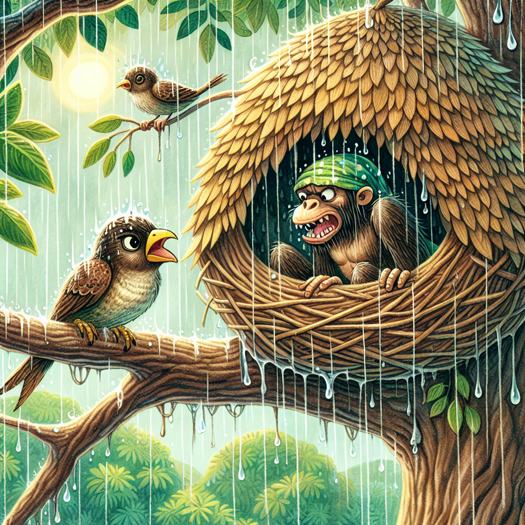 Colorful children's illustration for the story: The Sparrow and the Monkey