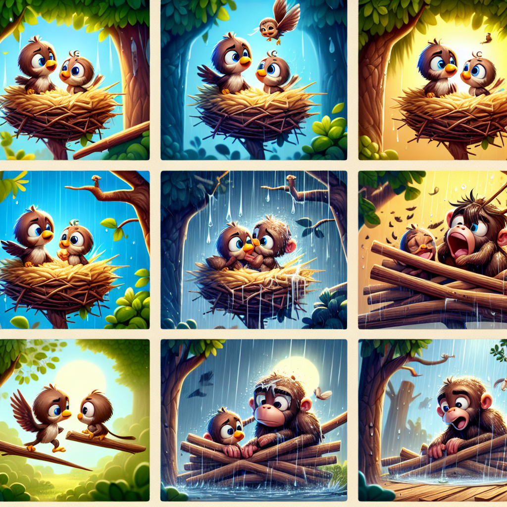 Colorful cartoon storyboard showing 8 key scenes from The Sparrow and the Monkey