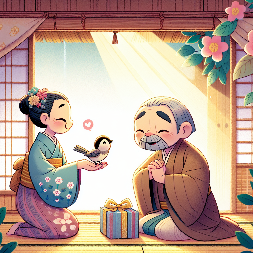 Colorful children's illustration for the story: The Grateful Sparrow