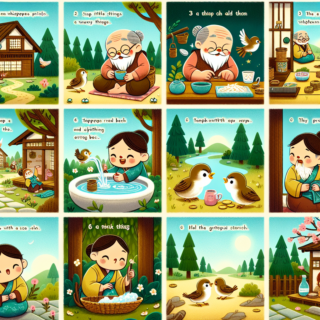 Colorful cartoon storyboard showing 8 key scenes from The Grateful Sparrow