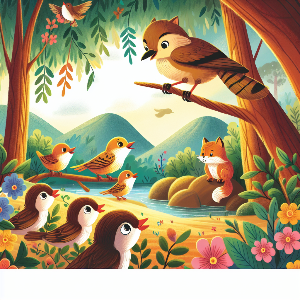 Colorful children's illustration for the story: The Sparrows and the Elephant