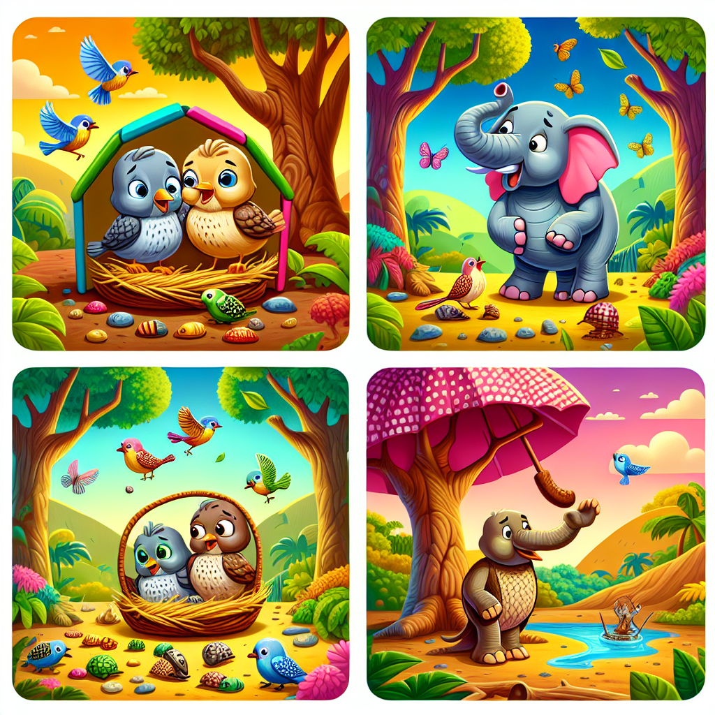 Colorful cartoon storyboard showing 8 key scenes from The Sparrows and the Elephant