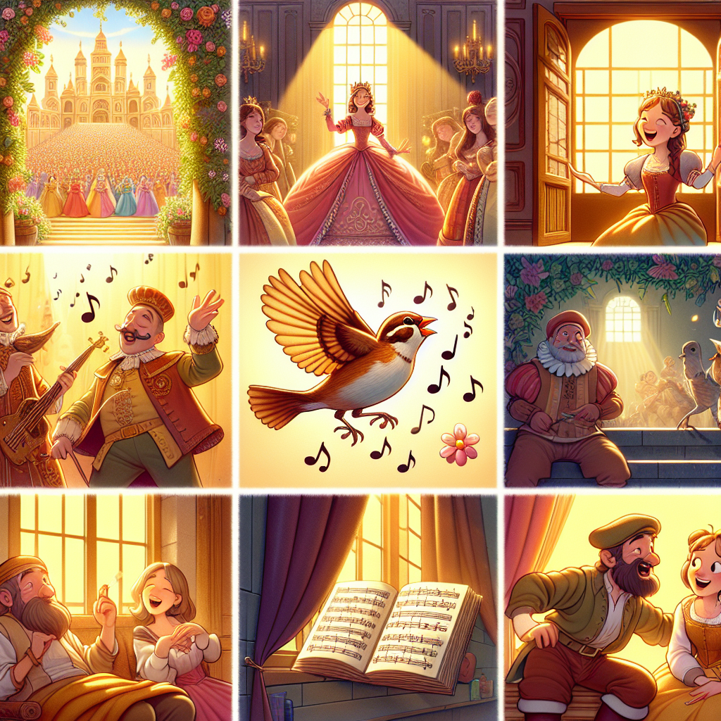 Colorful cartoon storyboard showing 8 key scenes from The Wedding Song of the Sparrow