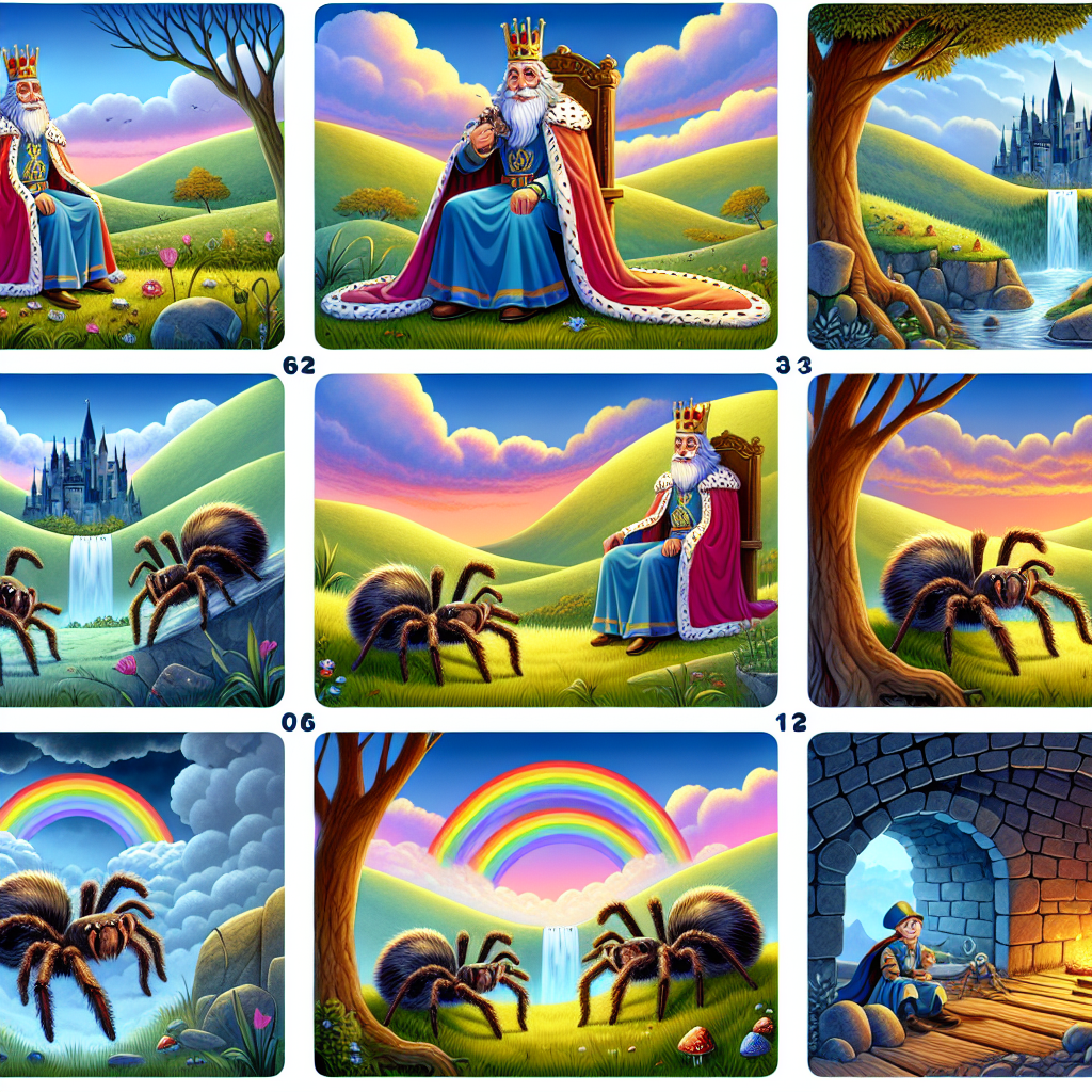 Colorful cartoon storyboard showing 8 key scenes from The Spider and the King