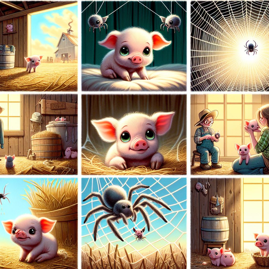 Colorful cartoon storyboard showing 8 key scenes from Charlotte's Web