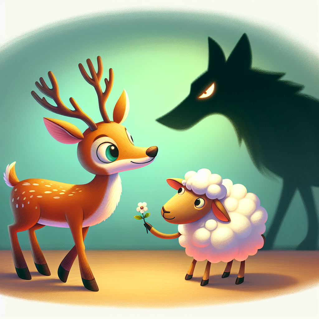 Colorful children's illustration for the story: The Stag and the Sheep
