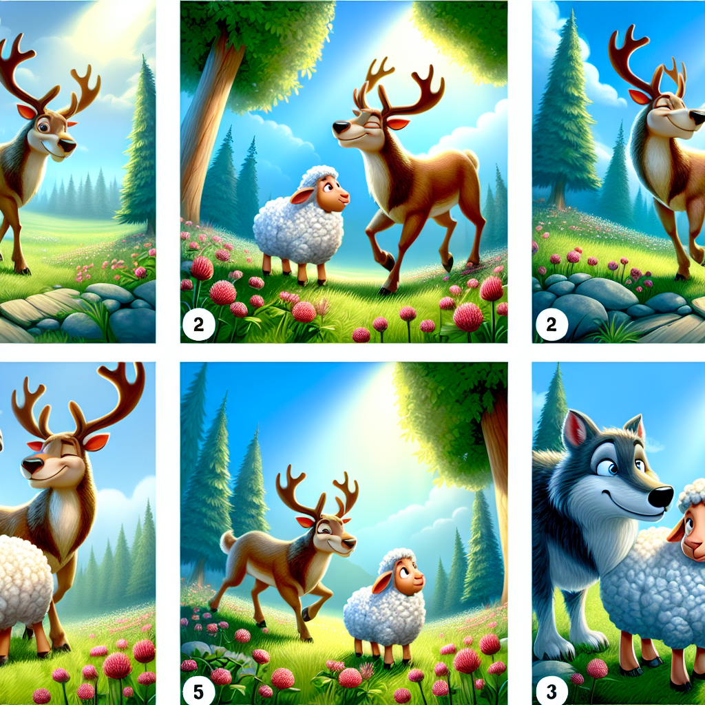 Colorful cartoon storyboard showing 8 key scenes from The Stag and the Sheep