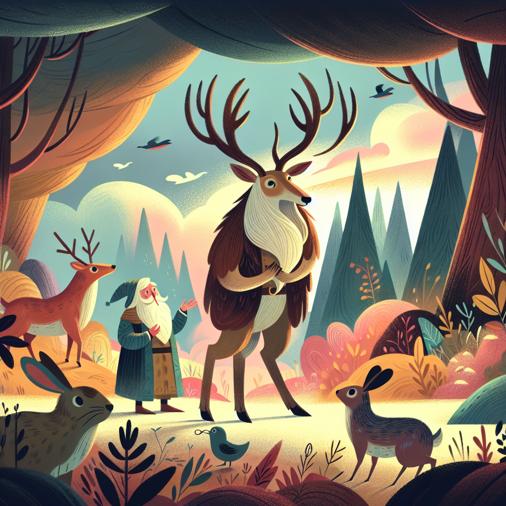 Colorful children's illustration for the story: The Stag and His Antlers