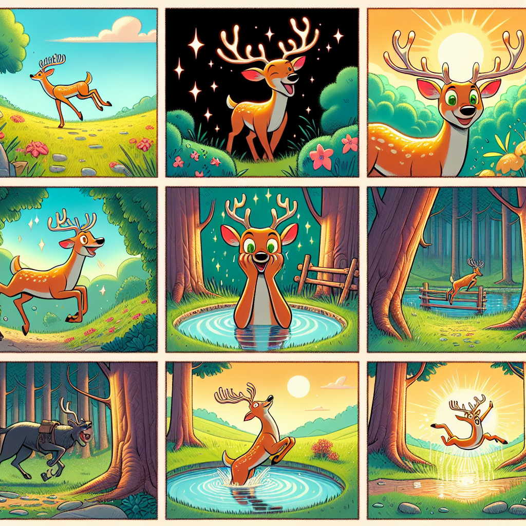 Colorful cartoon storyboard showing 8 key scenes from The Stag and His Antlers