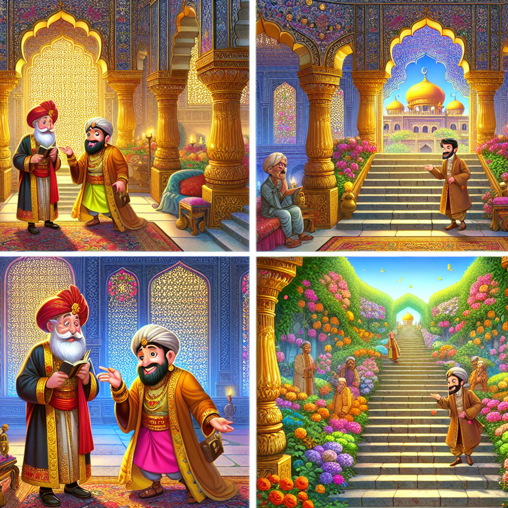 Colorful cartoon storyboard showing 8 key scenes from The Bangles of the Empress