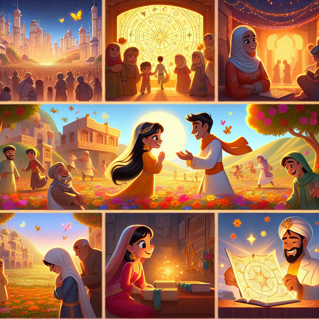 Colorful cartoon storyboard showing 8 key scenes from The Stars That Stole a Bride