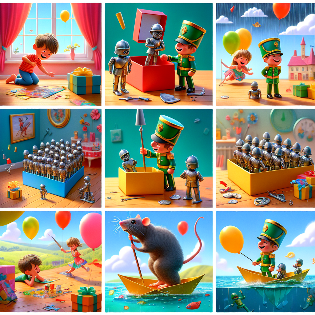 Colorful cartoon storyboard showing 8 key scenes from The Steadfast Tin Soldier