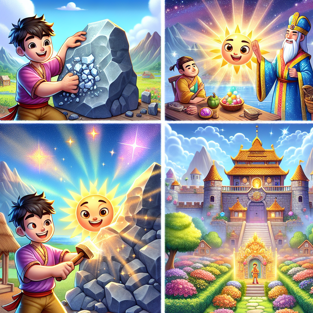 Colorful cartoon storyboard showing 8 key scenes from The Stonecutter's Wish