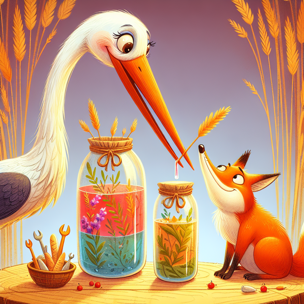 Colorful children's illustration for the story: The Stork and the Fox