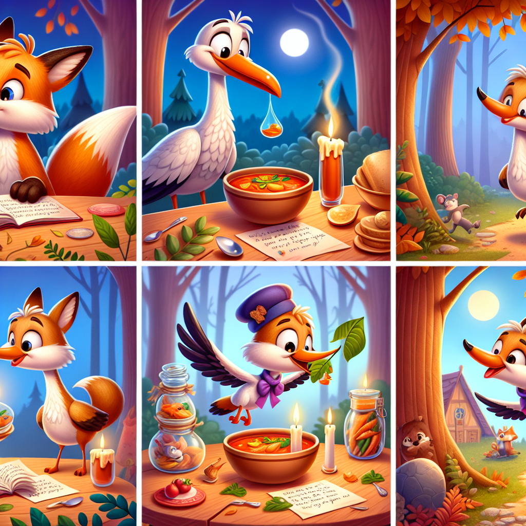 Colorful cartoon storyboard showing 8 key scenes from The Stork and the Fox