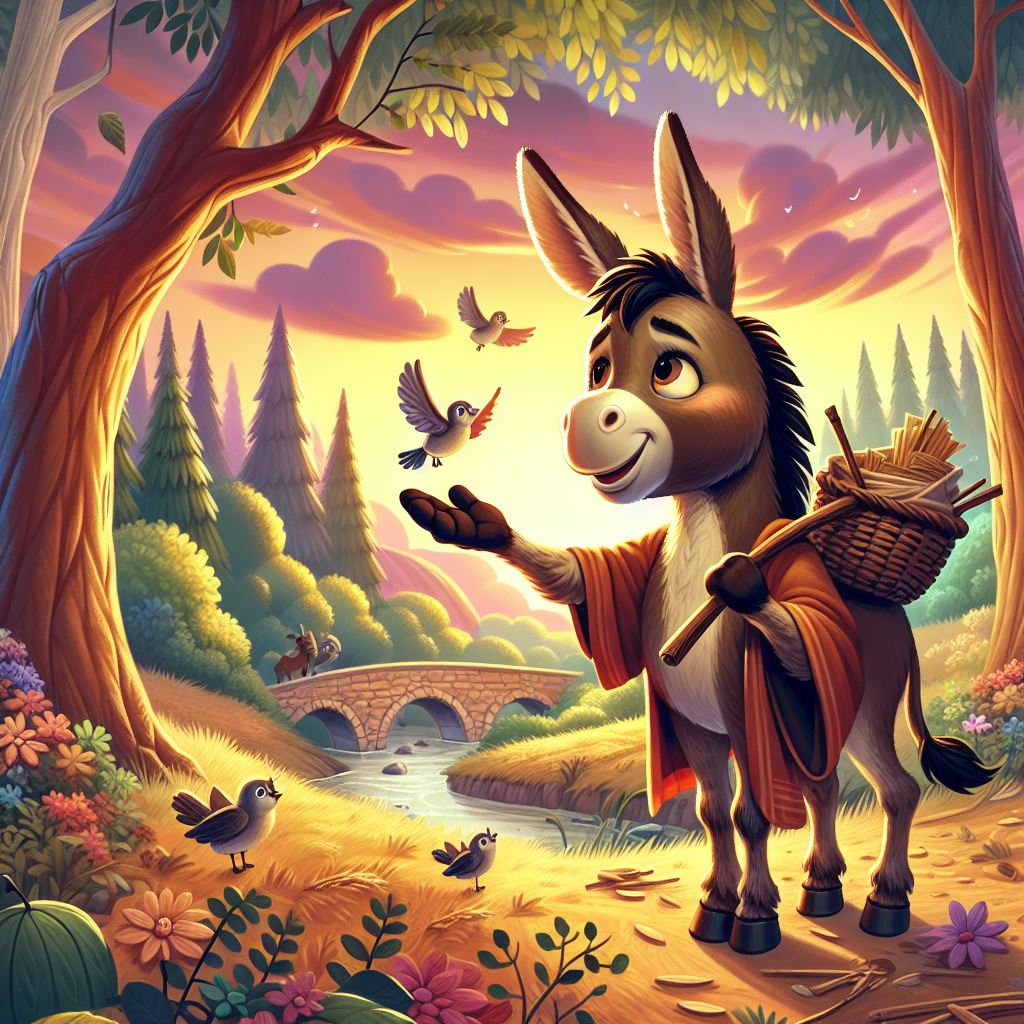 Colorful children's illustration for the story: The Stubborn Donkey