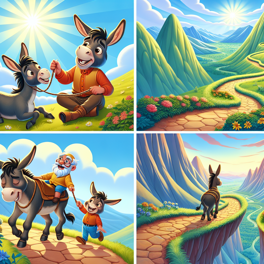 Colorful cartoon storyboard showing 8 key scenes from The Stubborn Donkey