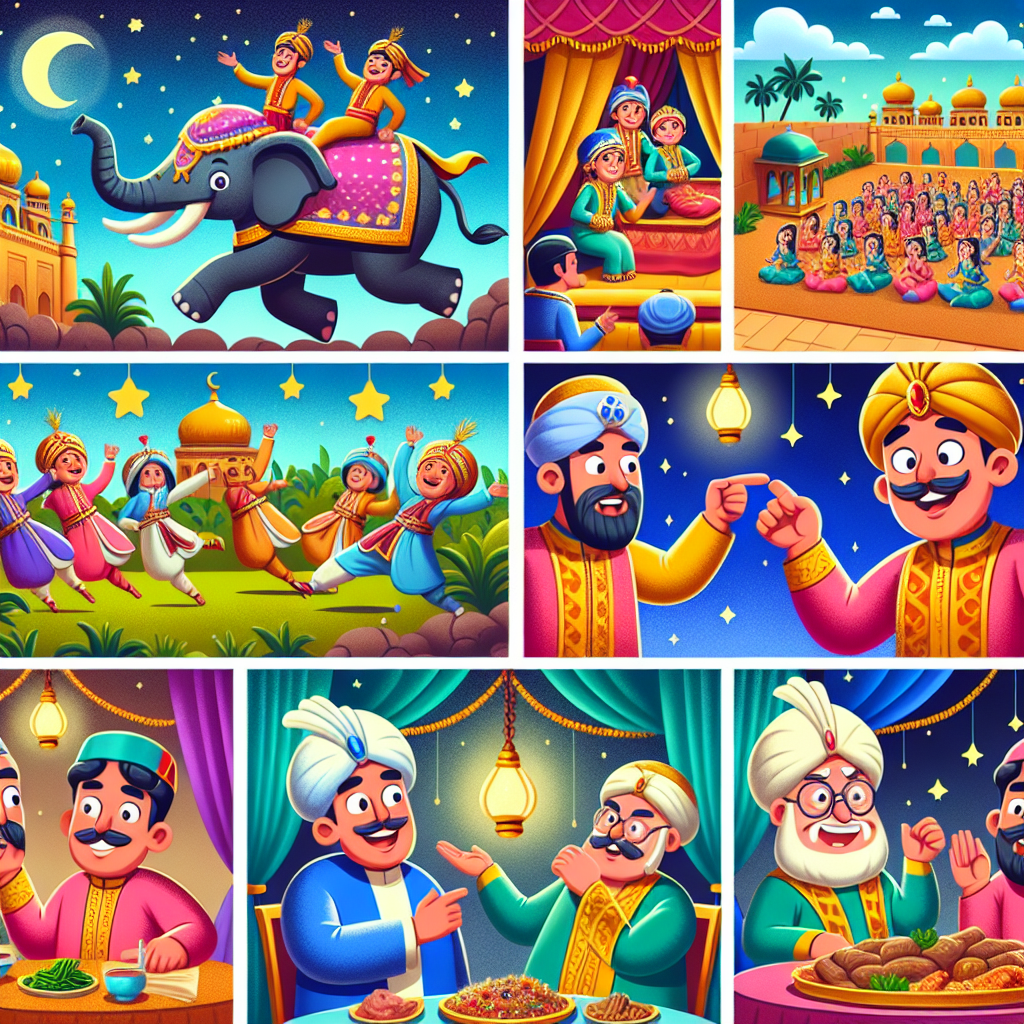 Colorful cartoon storyboard showing 8 key scenes from The Sultan's Demand