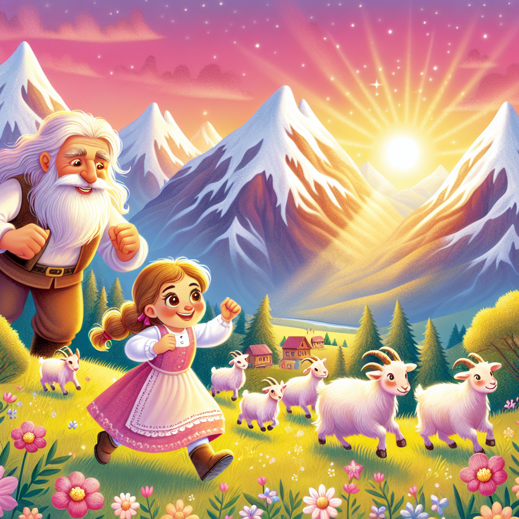 Colorful children's illustration for the story: Heidi, or The Swiss Girl