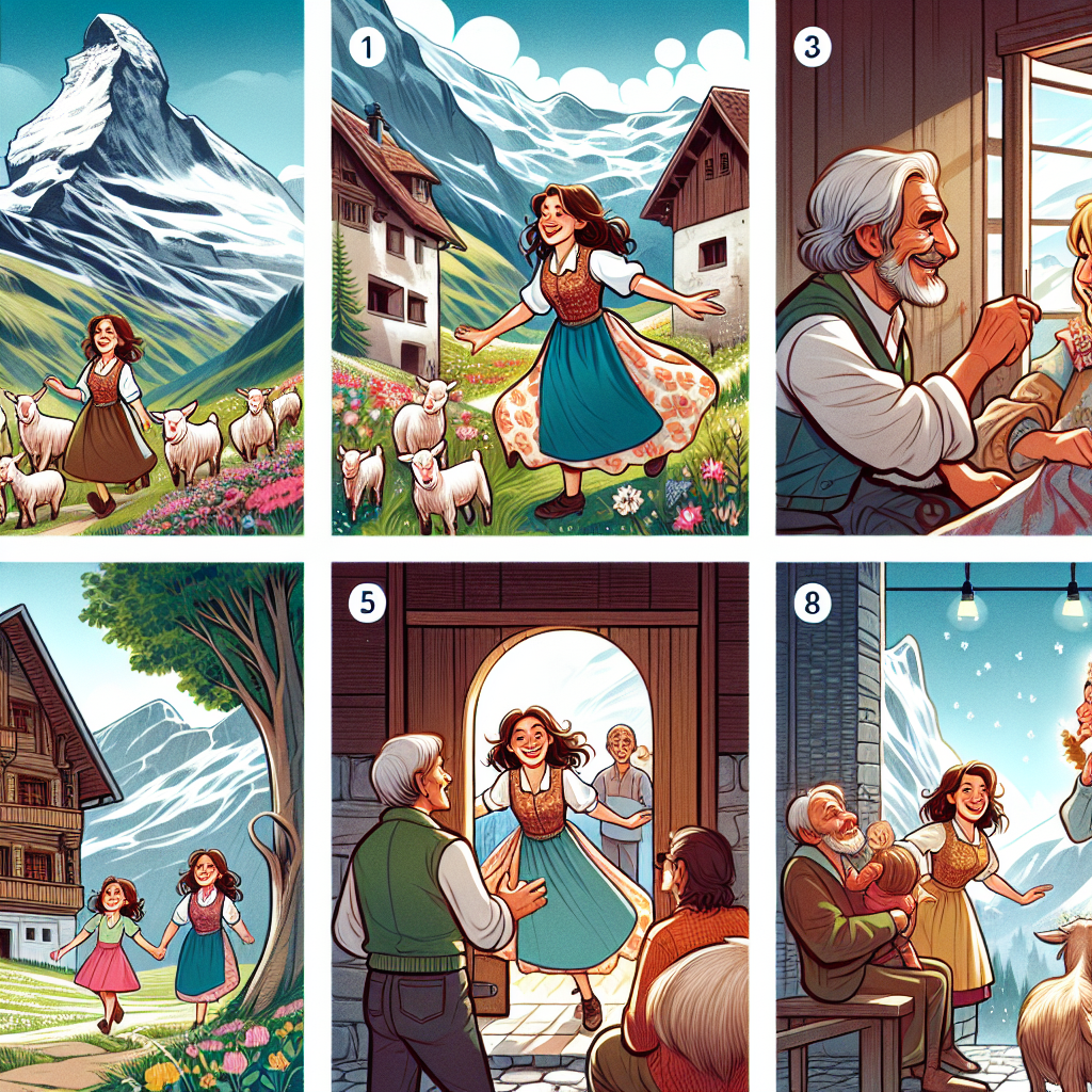 Colorful cartoon storyboard showing 8 key scenes from Heidi, or The Swiss Girl