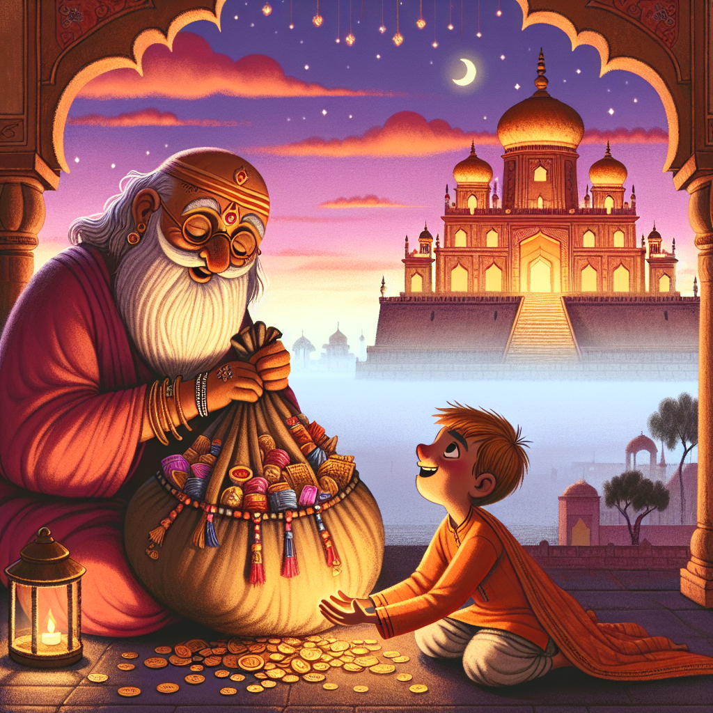 Colorful children's illustration for the story: The Swindler and the Holy Bag