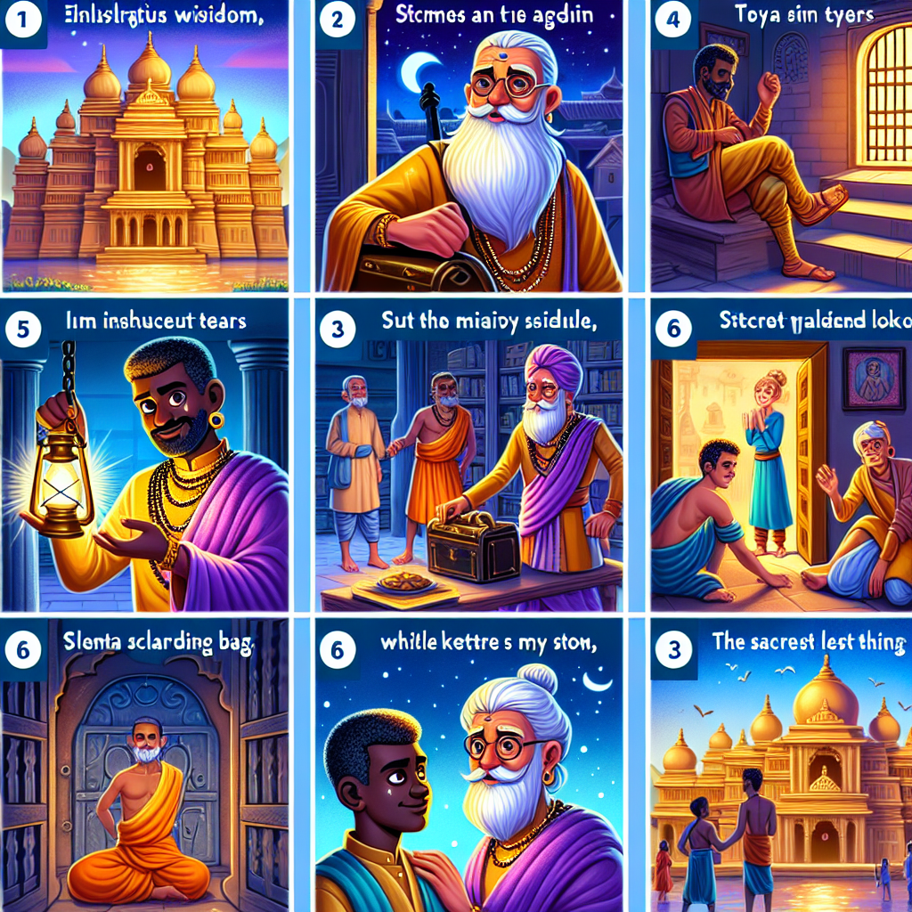 Colorful cartoon storyboard showing 8 key scenes from The Swindler and the Holy Bag