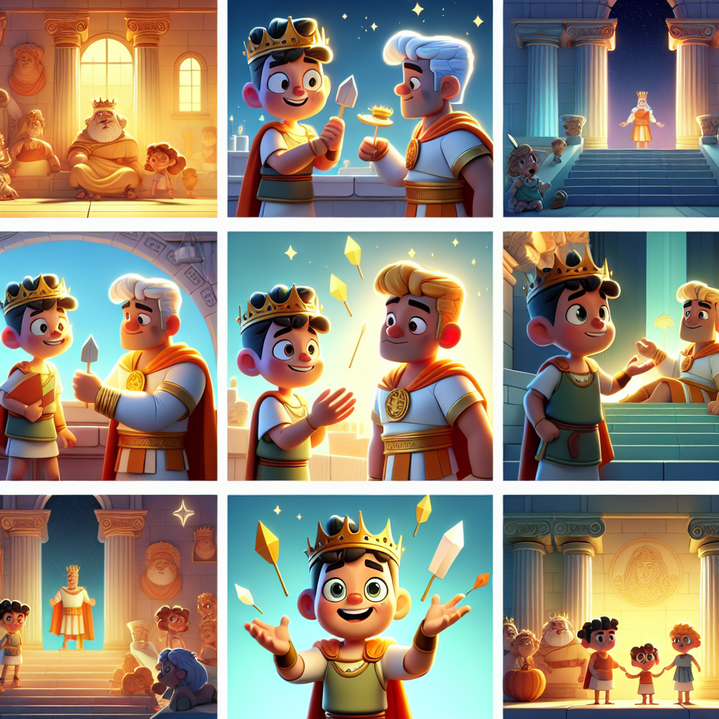 Colorful cartoon storyboard showing 8 key scenes from The Sword of Damocles