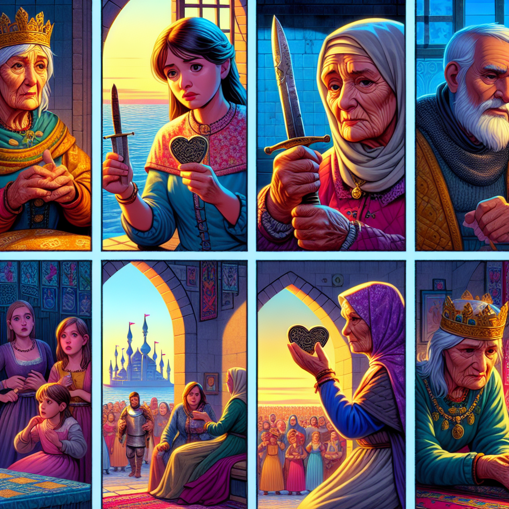 Colorful cartoon storyboard showing 8 key scenes from The Rusty Sword