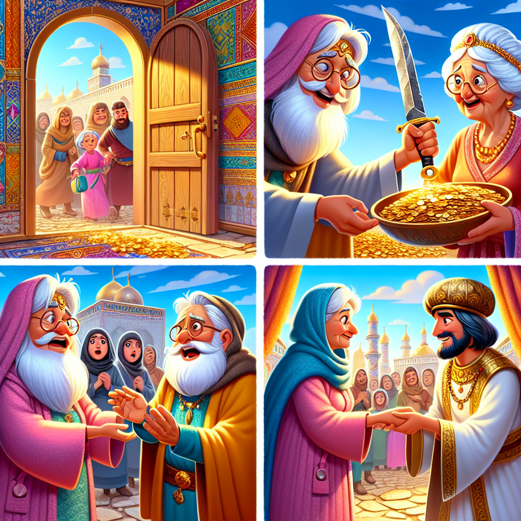 Colorful cartoon storyboard showing 8 key scenes from The Sword That Weighs Gold