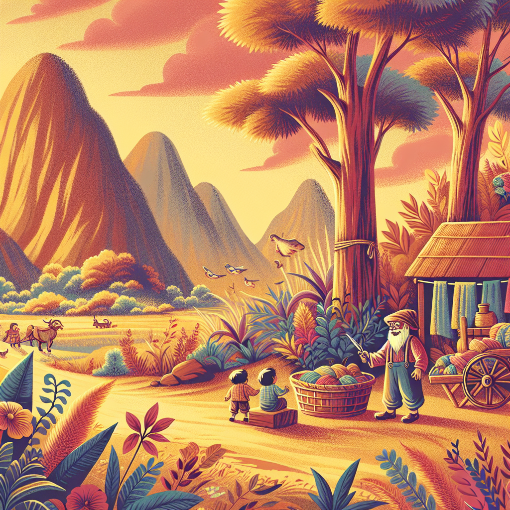 Colorful children's illustration for the story: The Kind Giant and the Tailor