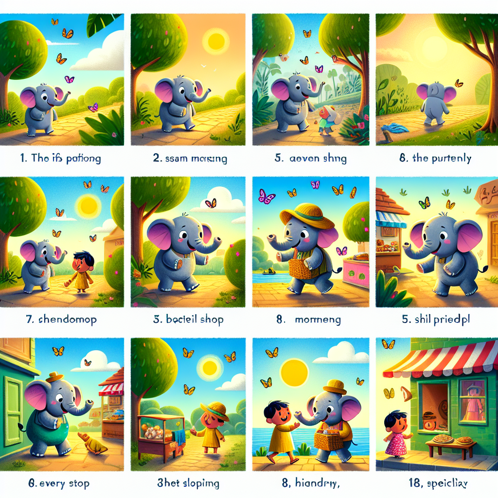 Colorful cartoon storyboard showing 8 key scenes from The Kind Giant and the Tailor