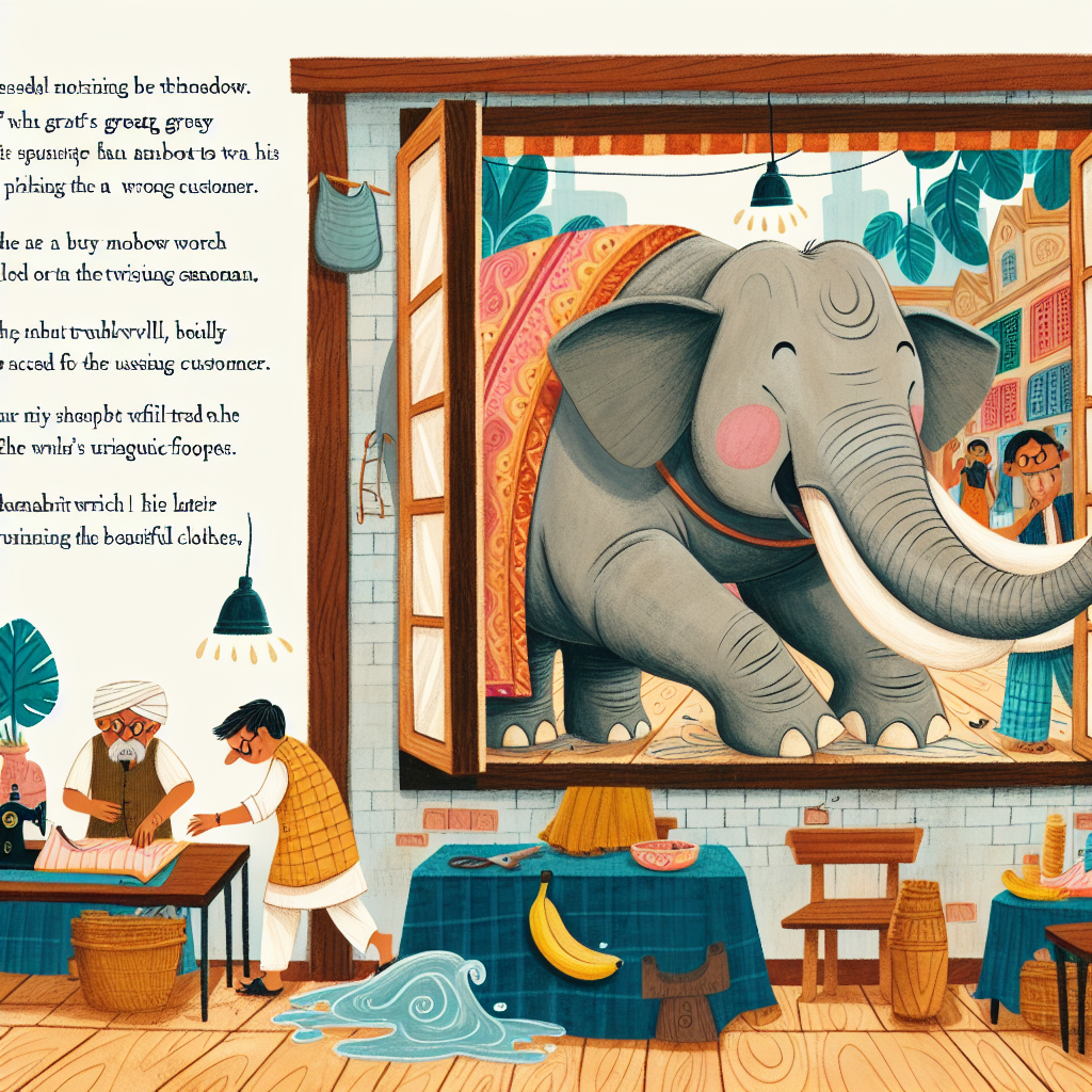Colorful children's illustration for the story: The Tailor and the Elephant