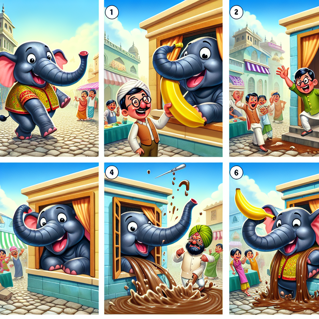 Colorful cartoon storyboard showing 8 key scenes from The Tailor and the Elephant
