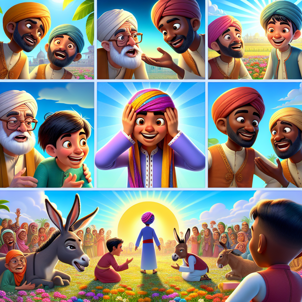 Colorful cartoon storyboard showing 8 key scenes from The Teacher Who Learned a Lesson